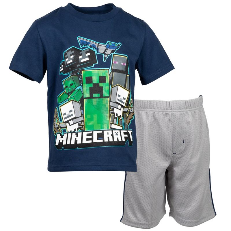 Minecraft Creeper Skeleton Zombie Enderman Graphic T-Shirt and Mesh Shorts Outfit Set Little Kid to Big Kid, 1 of 9