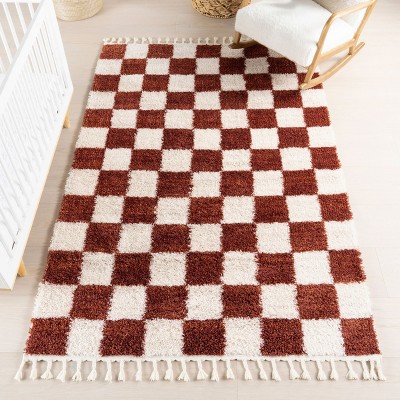 Red and Cream Checkered Synthetic Rectangular Area Rug