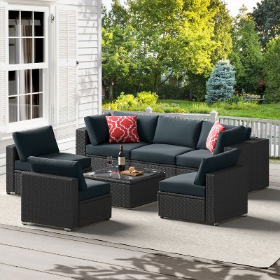ELJGET 7-Piece Outdoor Patio Furniture Sets, All Weather PE Outdoor Sofa, Garden Wicker Rattan Patio Conversation Set with Coffee Table