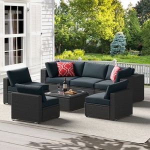 ELJGET 7-Piece Outdoor Patio Furniture Sets, All Weather PE Outdoor Sofa, Garden Wicker Rattan Patio Conversation Set with Coffee Table - 1 of 4