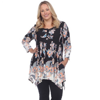 Women's Plus Size Paisley Scoop Neck Tunic Top with Pockets - White Mark