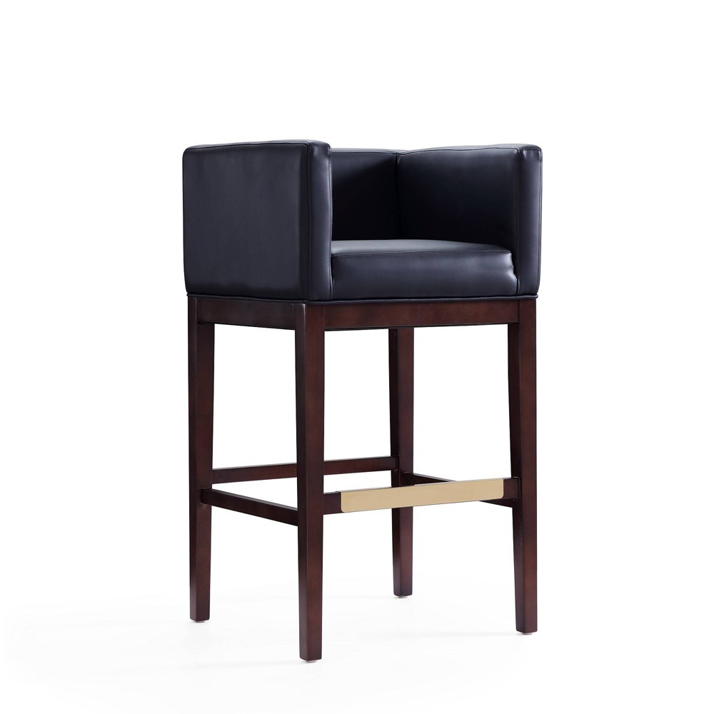 Kingsley Upholstered Beech Wood Barstool Black - Manhattan Comfort: Faux Leather, Low Back with Armrests, Fixed Height