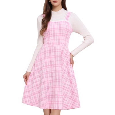 INSPIRE CHIC Women's Sleeveless Square Neck Plaid A-Line Pinafore Overall Tweed Dresses