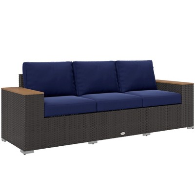 Outsunny Thick Cushioned 3-Seater Outdoor Sofa, Wood Grain Wide Armrests, Patio Couch