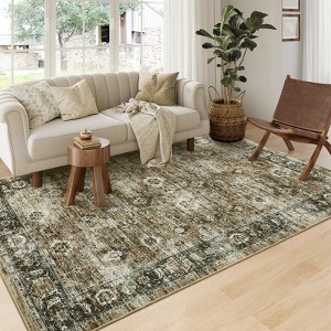 Area Rug, Home Decor Washable Vintage Distressed Floral Rug - Non-Slip Ultra-Thin (0.2in) Stain Resistant Carpet - 1 of 4