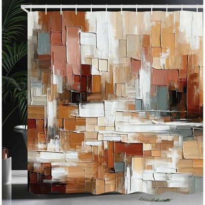 Brown Abstract Shower Curtain with Warm Palette, Modern Brushstrokes, 69 Wx 70 L, Cinnamon, Amber, Blue, Grey.
