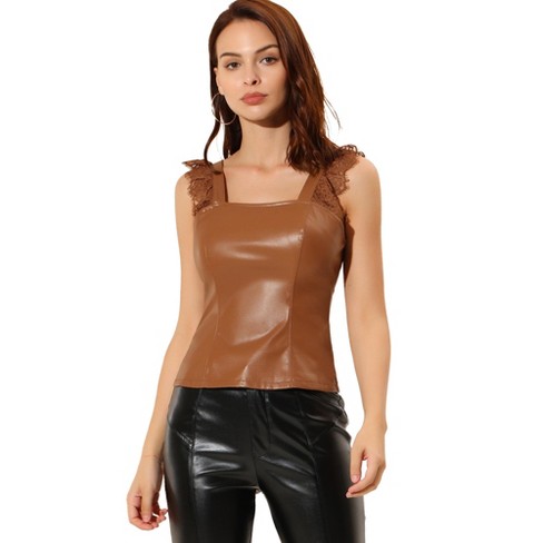 Brown Faux Leather Bralet, Tops