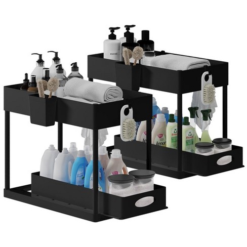 Storagebud 2 Tier Under Kitchen Sink Organizer with Sliding Drawer-Bathroom Cabinet Organizer with Utility Hooks and Side Caddy - 2 Pack - Black