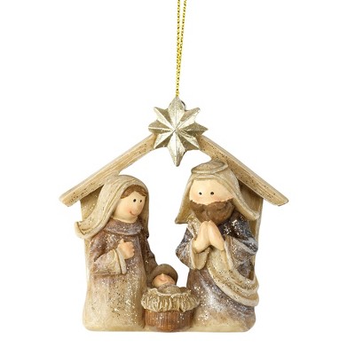 Glittered Whitewash Holy Family in Creche 3 x 3 Resin Decorative Hanging Ornament