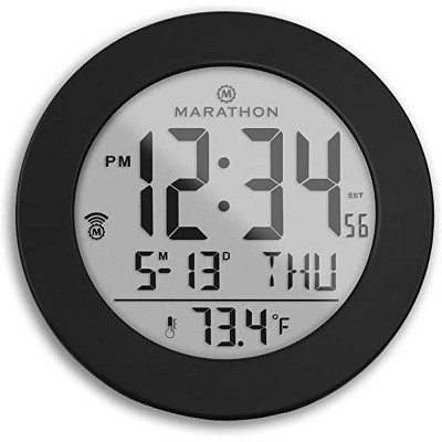 Marathon Round Atomic Alarm Clock with Push-Button Backlight, Indoor temperature & 8 Time Zones