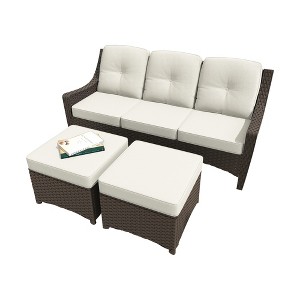 YARDSIGHT 3-Seat Rattan Patio Sofa , 2 Ottomans ¨C Weatherproof Cushions, All-Weather Brown Wicker Conversation Set for Garden, Backyard & Poolside - 1 of 4