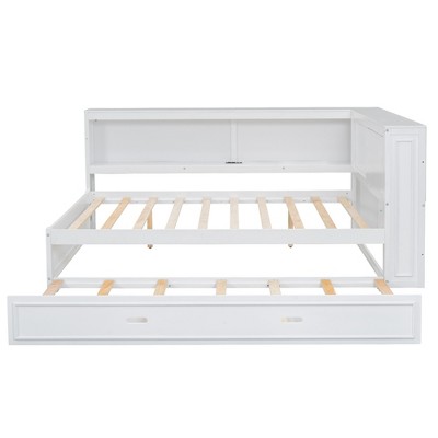 Whisen Full Size Wood Daybed with Storage Shelves, USB, LED, and Trundle