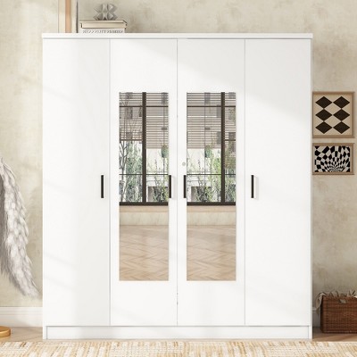 Vynxaria 4-Door Mirror Wardrobe with Shelves in White - Elegant and Functional Storage Solution for Modern Bedrooms