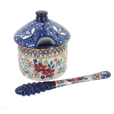 Blue Rose Polish Pottery Red Daisy Honey Pot & Dipper