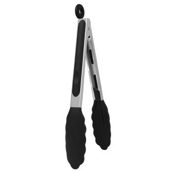 SKYCARPER Silicone Food Tongs, Rubber Tip Tongs Stainless Steel Core BBQ Kitchen Cooking Tongs with Silicone Tips, Size: 1pc, Black