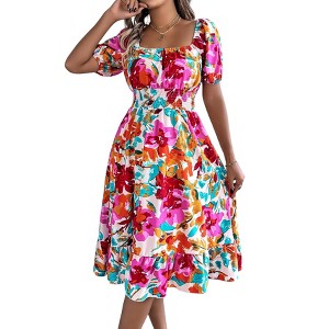 Women's Puff Sleeve Square Neck Babydoll Dress Boho Floral Print Off Shoulder Ruffle Mini Short Dress - 1 of 4