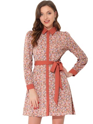 Allegra K Women's Contrast Collar Button Front Vintage Long Sleeve Floral Shirt Dresses