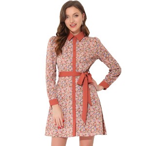 Allegra K Women's Contrast Collar Button Front Vintage Long Sleeve Floral Shirt Dresses - 1 of 4