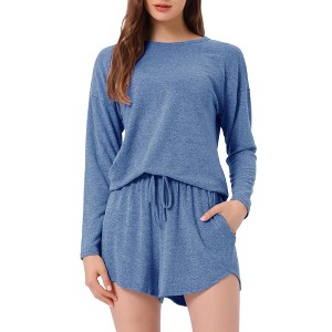 cheibear Women's Long Sleeve Top and Elastic Waistband Shorts with Pockets Pajamas Set - 1 of 4