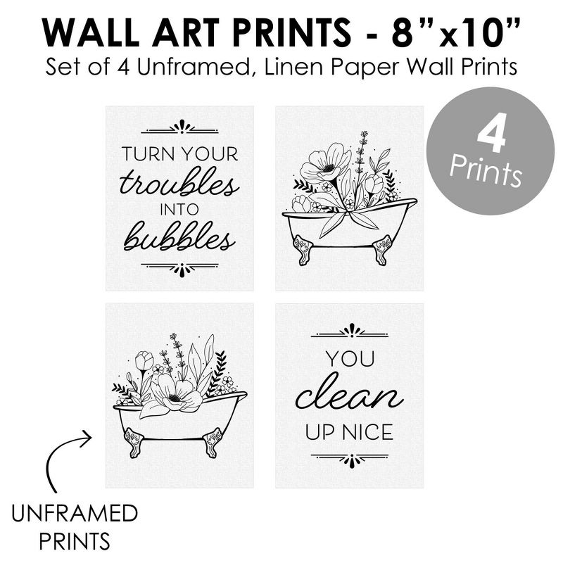 Big Dot of Happiness Turn Your Troubles Into Bubbles - Unframed Bathroom Linen Paper Wall Art - Set of 4 - Artisms - 8 x 10 inches Black and White, 5 of 8