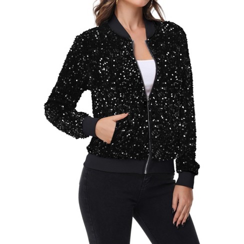 Women Black Sequin Bomber Jacket Loose Stand Collar