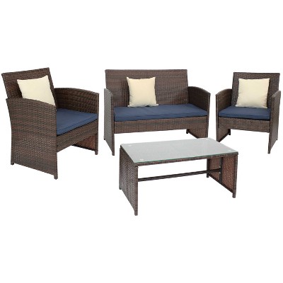 Sunnydaze Outdoor Ardfield Patio Conversation Furniture Set with Loveseat, Chairs, and Table - Brown and Navy - 4pc