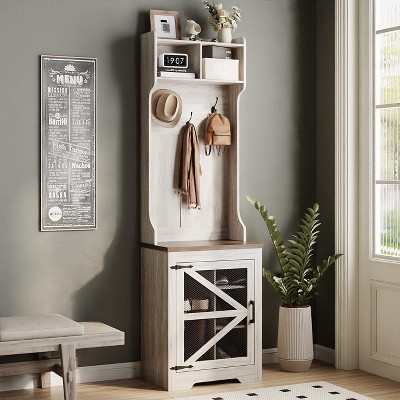 Narrow Coat Rack with Shoe Storage, 23" Wide Entryway Hall Tree, Rustic White