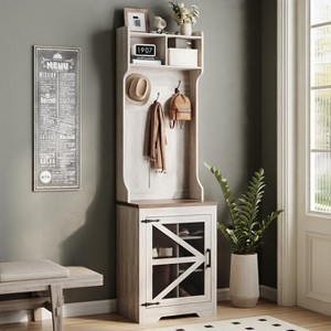 Narrow Coat Rack with Shoe Storage, 23" Wide Entryway Hall Tree, Rustic White - 1 of 4