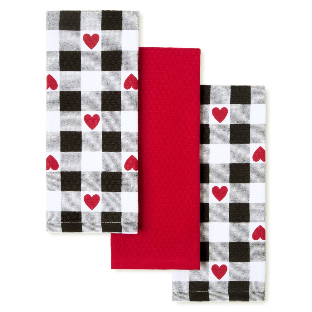 Photos - Other Accessories Martha Stewart 3pk Love Check Gingham Hearts Kitchen Towel Set Black/White 