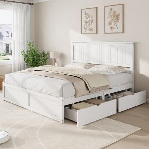 AMERLIFE Solid Wood Storage Mid-Century Bed Frame with 50" Headboard, 2 Drawers, No Box Spring Needed, Noise-Free - 1 of 4