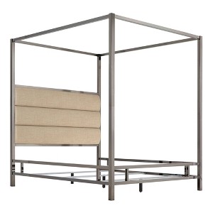 Full Manhattan Black Nickel Canopy Bed with Horizontal Panel Headboard Oatmeal Brown - Inspire Q