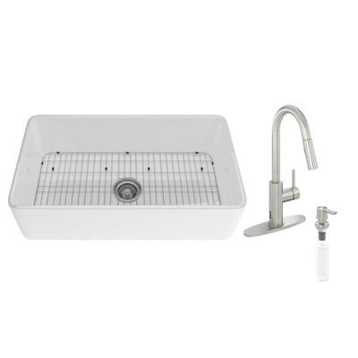 CASAINC 33'' Rectangular Single Bowl Fireclay Farmhouse Apron Kitchen Sink with Touchless Faucet, White