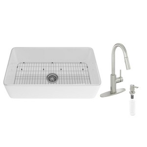 CASAINC 33'' Rectangular Single Bowl Fireclay Farmhouse Apron Kitchen Sink with Touchless Faucet, White - 1 of 4