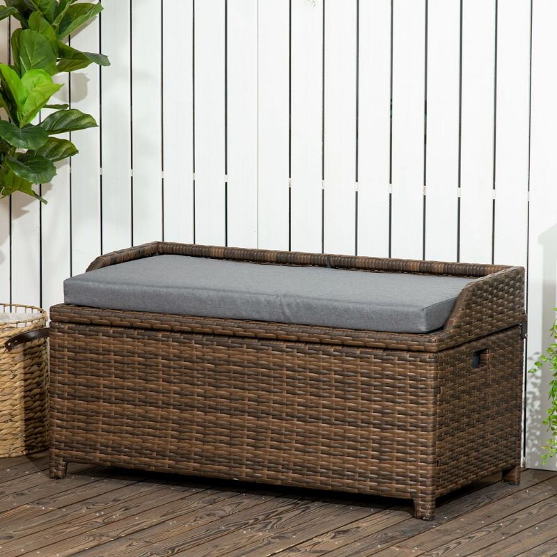 Outsunny Storage Bench Rattan Wicker Garden Deck Box Bin with Interior Waterproof Bag and Comfy Cushion, Gray, 4 of 8