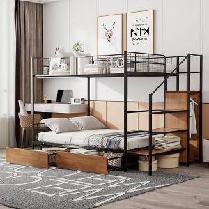 CAVINAS Twin Bunk Beds for Kids, Metal Twin Bed Frame with Drawer and Lateral Storage Ladder and Wardrobe for Bedroom, Living Room - 1 of 4