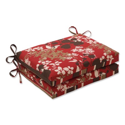 2-Piece Outdoor Reversible Seat Pad/Dining/Bistro Cushion Set - Brown/Red Floral/Stripe - Pillow Perfect