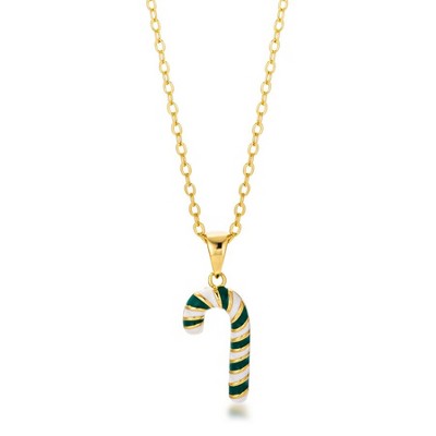 ShineHigh Gold-Plated Enamel Candy Cane Necklace – Festive Green & White Holiday Charm Pendant on Adjustable Chain