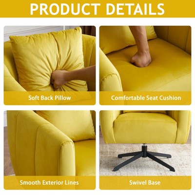 Product details collage showing soft back pillow, comfortable seat cushion, smooth exterior lines, swivel base