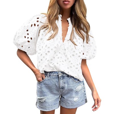 Women's Summer Tops 2025 Dressy Casual Short Sleeve V Neck Buttons Hollow Out Lace Embroidered Blouses Shirts