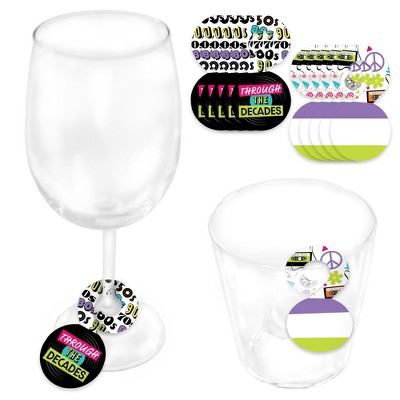 Big Dot of Happiness Through the Decades - 50s, 60s, 70s, 80s, and 90s Party Paper Beverage Markers for Glasses - Drink Tags - Set of 24