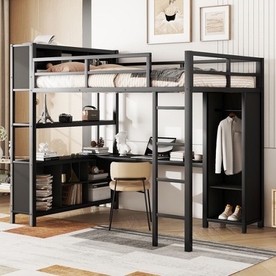 NicBex Full Size Bunk Bed with Desk Metal Frame Bed Frame with Storage Cabinet, Wardrobe, Bedside Table, Guardrails and Ladder
