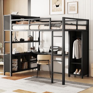 NicBex Full Size Bunk Bed with Desk Metal Frame Bed Frame with Storage Cabinet, Wardrobe, Bedside Table, Guardrails and Ladder - 1 of 4