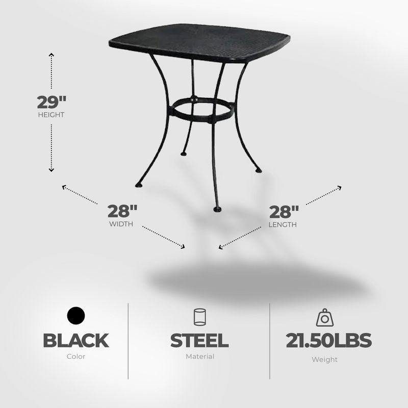 Woodard Uptown Sleek Contemporary 28 Inch Outdoor Steel Mesh Square Top Bistro Style Patio Dining Table with Tapered Legs, Black, 3 of 7