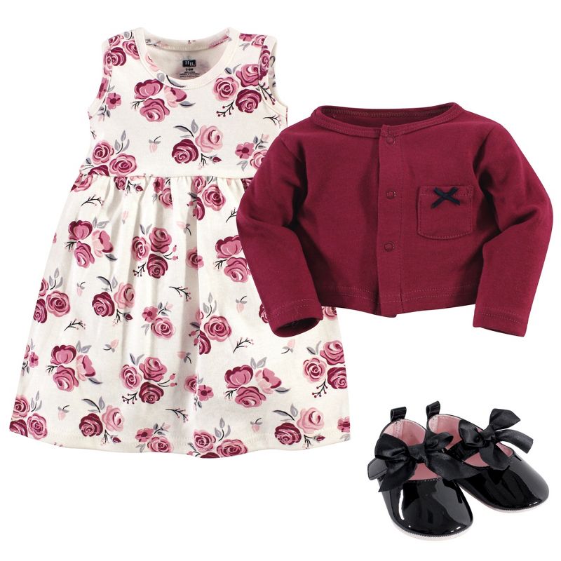 Hudson Baby Infant Girl Cotton Dress, Cardigan and Shoe 3pc Set, Rose, 3 of 7