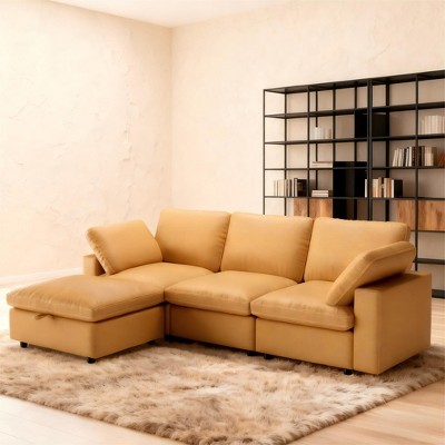 Dyonery cat paw leather sofa, large combination sofa with storage stool, widened seat cushion, suitable for living room