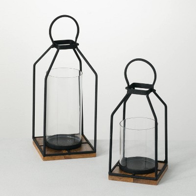 Sullivans Set Of 2 Lantern Iron & Glass Candle Holders 12.75"H & 13.5"H Black