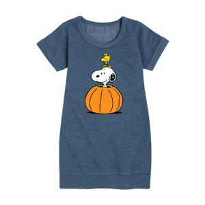 Girls' - Peanuts - Snoopy Woodstock Pumpkin Graphic Short Sleeve Fleece Dress - 1 of 4