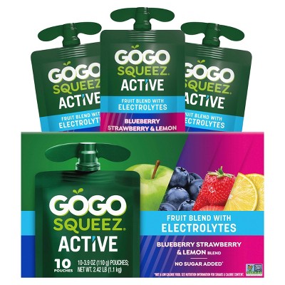 GoGo SqueeZ Active Fruit Blend with Electrolytes Variety Pack, Blueberry Strawberry & Lemon Fruit - 3.9oz/10ct