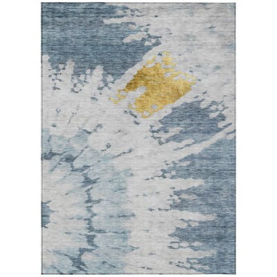 Denim Blue And Sky Blue Abstract Washable Indoor Outdoor Area Rug