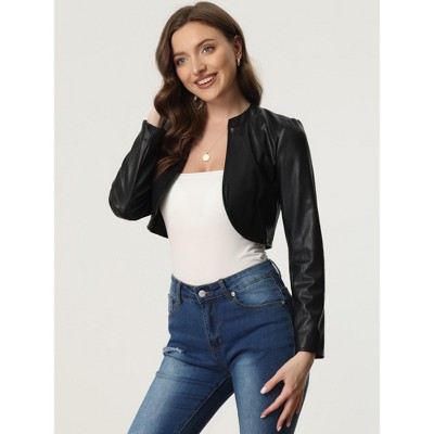 Женские куртки INSPIRE CHIC Women's PU Bolero Open Front Leather Cropped Long Sleeve Jacket Medium Black — фото 5